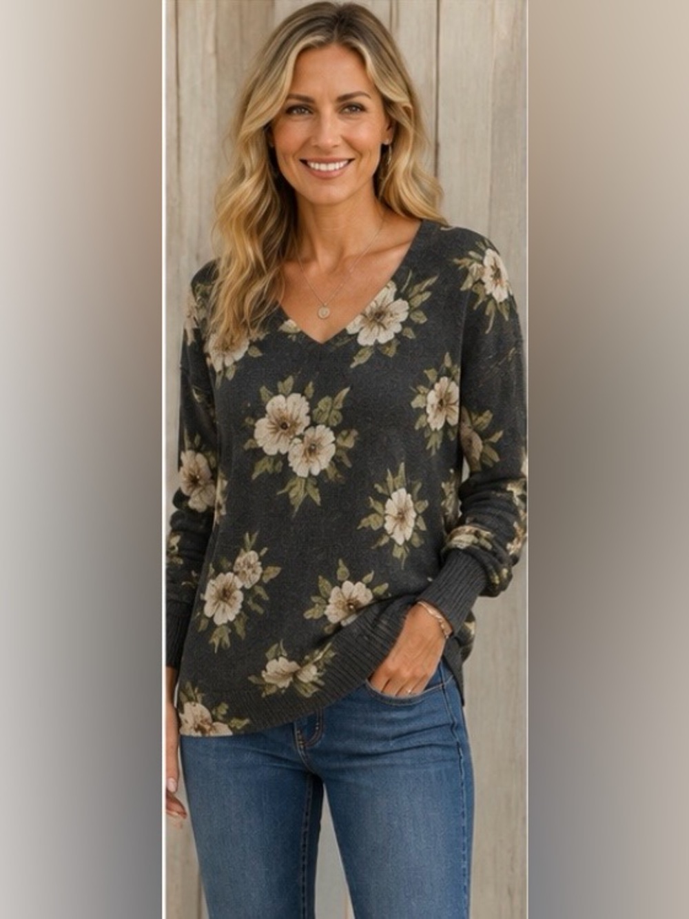 Rachel Rachel Roy V-Neck Sweater XL Grey Beige Floral NWT